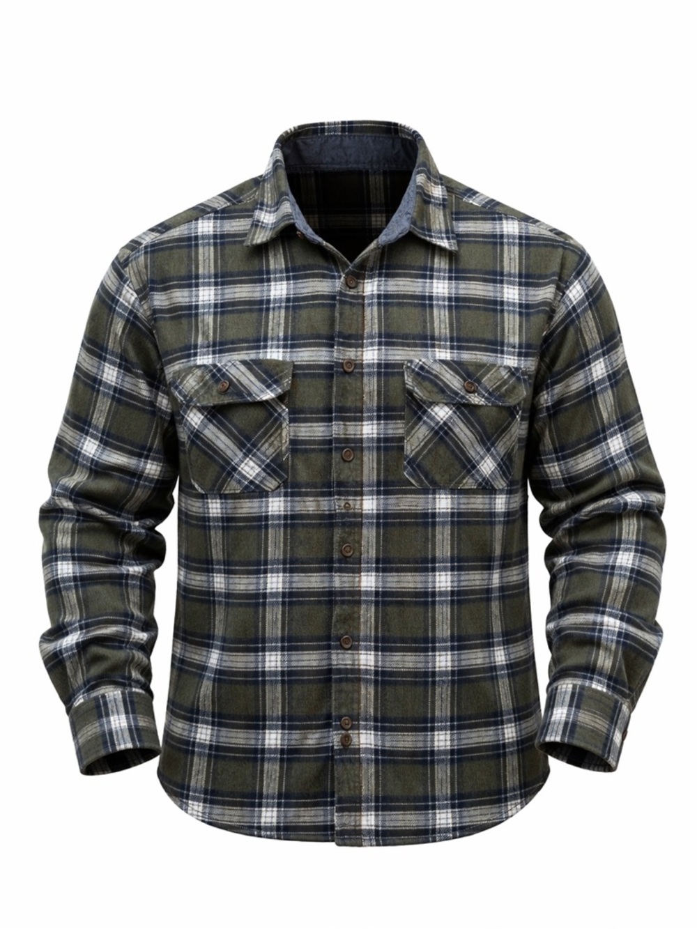 Green and Navy Plaid Flannel Shirt
